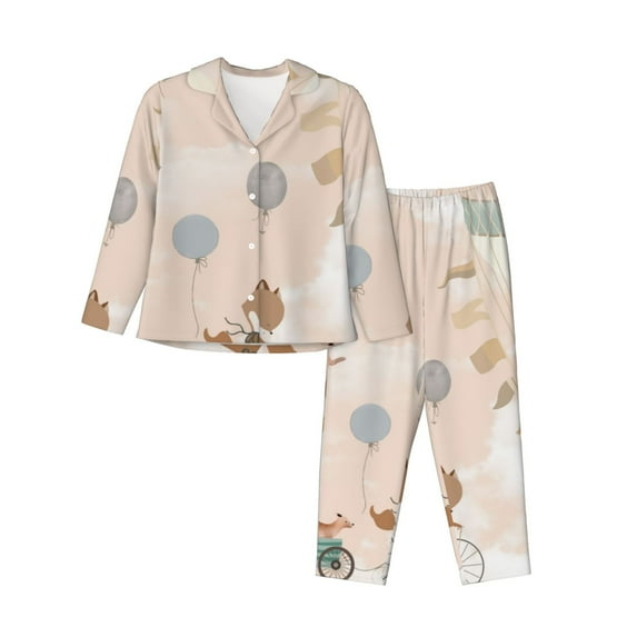 Fuzoiu Animals Riding Across The Sky1 Print Women's Long-Sleeved Pajama,Lounge Button Down Nightwear,Womens Notch Collar Pajama Set-X-Large