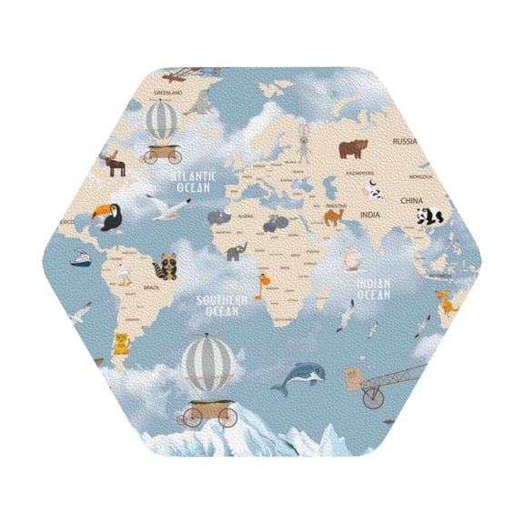 Fuzoiu Animals Travel World Map Print Leather Coasters Set,Drink Coasters Set of 6,for Tabletop Protection, Durable PVC Coasters,Home Décor and Housewarming Gift,Hexagon
