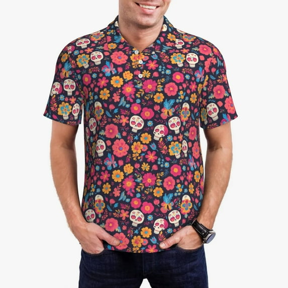 Fuzoiu Apricot color Skull flower Print Men's Polo Shirts Short Sleeve,Golf Shirts for Men,Mens Golf Shirt Moisture Wicking Quick-Dry-Large