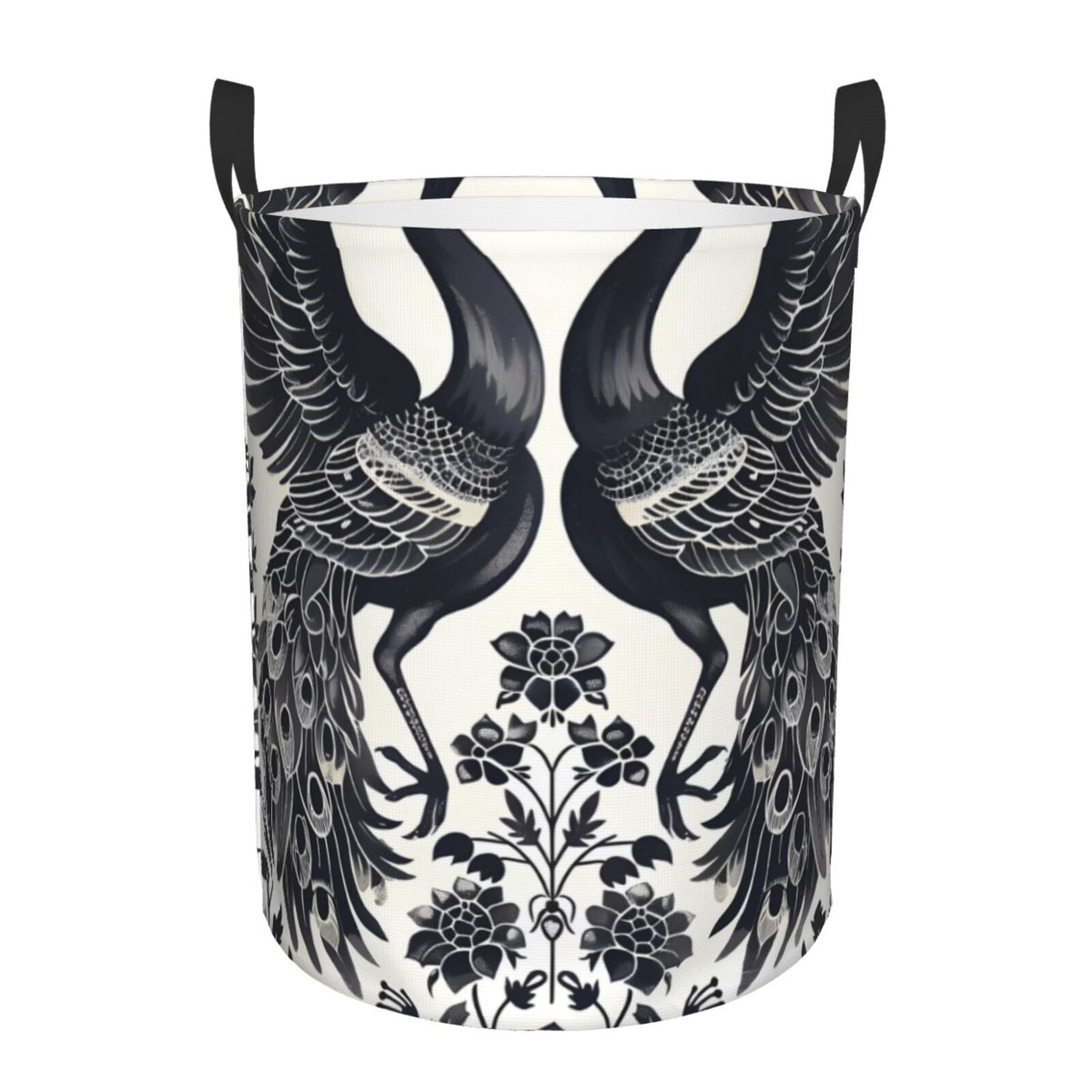 Fuzoiu Artistic Black White Peacocks Print Circular Hamper,Laundry Basket with Handle,Collapsible Laundry,Dirty Clothes Storage Basket,for Bedroom Bathroom Dorm Living Room-Small
