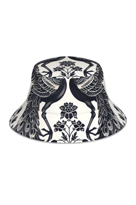 Artistic Black White Peacocks Print Reflective Bucket Hat,Outdoor Hat for Men and Women,Bucket Hat for Travel Fishing Hunting Summer Camp
