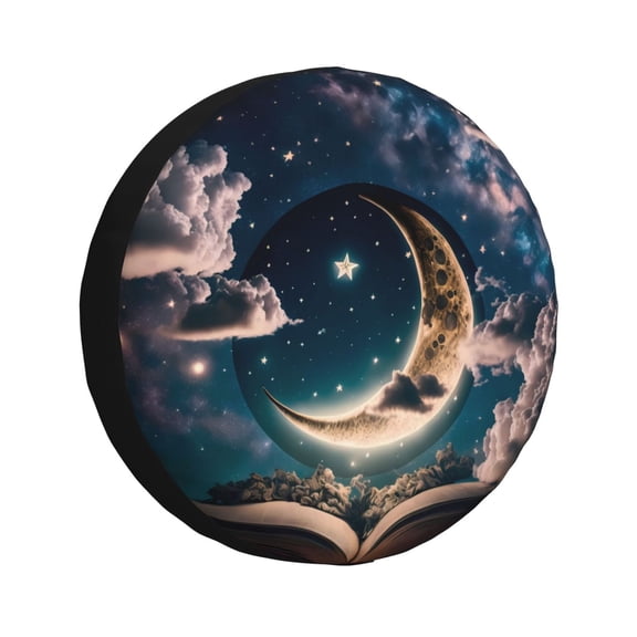 Fuzoiu Artistic Starry Sky Moon Book Print Universal Spare Tire Cover with Buckle Strap, Waterproof Wheel Covers for Jeep, Trailer, RV, Truck and All Car-17 inch