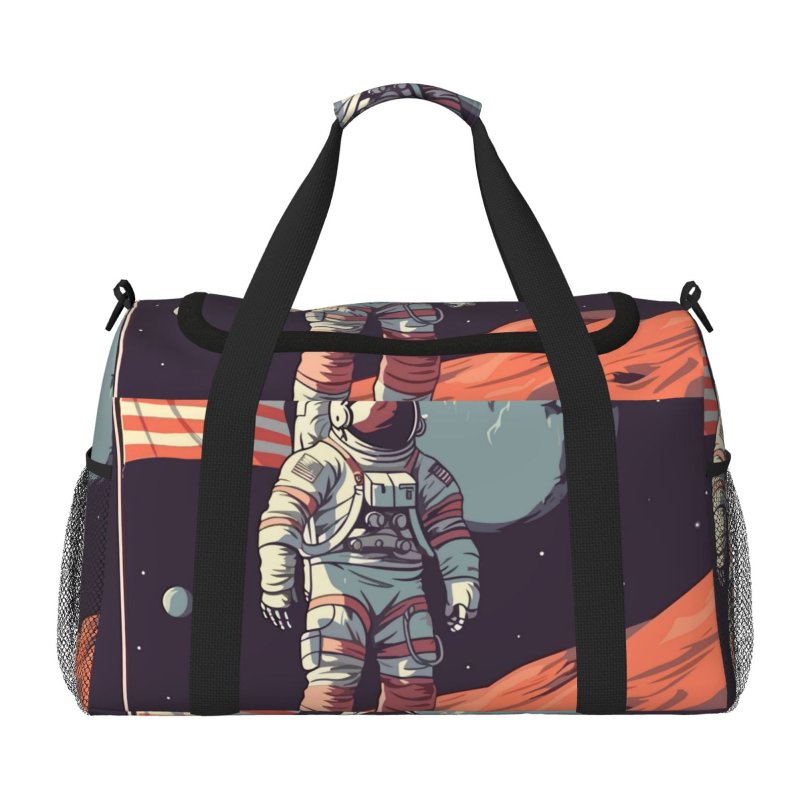 Fuzoiu Astronaut With American Flag Print Travel Duffle Bag,Carry On Tote Bags,Duffel Bag,Sport Gym Bag, Hospital Bag for Labor and Delivery, Overnight Bag,Luggage Bag