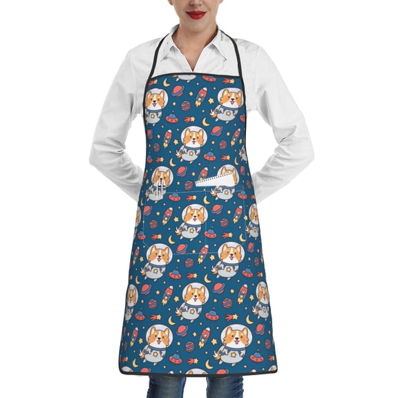 Fuzoiu Astronaut Corgi Dog Print Kitchen Cooking Aprons,Kitchen Cooking BBQ Aprons,Chef Apron with 2 Pockets for Men Women,Art Aprons for Painting Pottery Ceramics