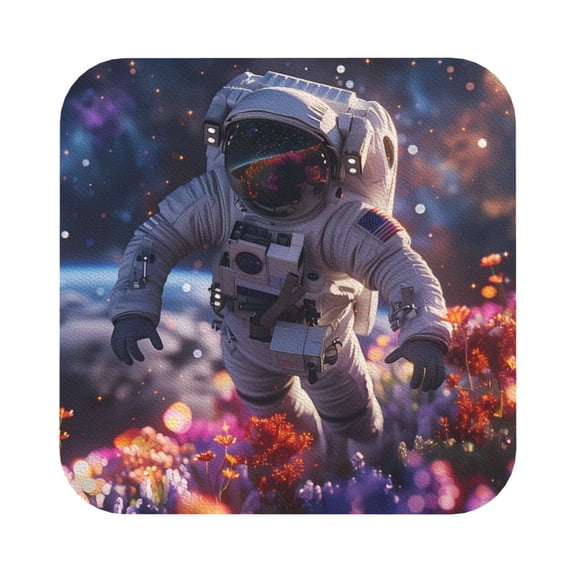 Fuzoiu Astronaut In Cosmic Garden Print Leather Coasters Set,Drink Coasters Set of 6,for Tabletop Protection, Durable PVC Coasters,Home Décor and Housewarming Gift,Square