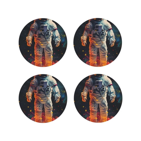 Fuzoiu Astronaut Cosmic Rainbow Print Leather Coasters Set,Drink Coasters Set of 4,for Tabletop Protection, Durable PVC Coasters,Home Décor and Housewarming Gift-Round Shape