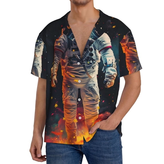 Fuzoiu Astronaut Cosmic Rainbow Print Men's Casual Short,Men's Short Sleeve Shirt,Mens Casual Button Down Shirts,Cuban Collar Summer Shirt for Beach, Vacation, and Outdoor Activities-Medium