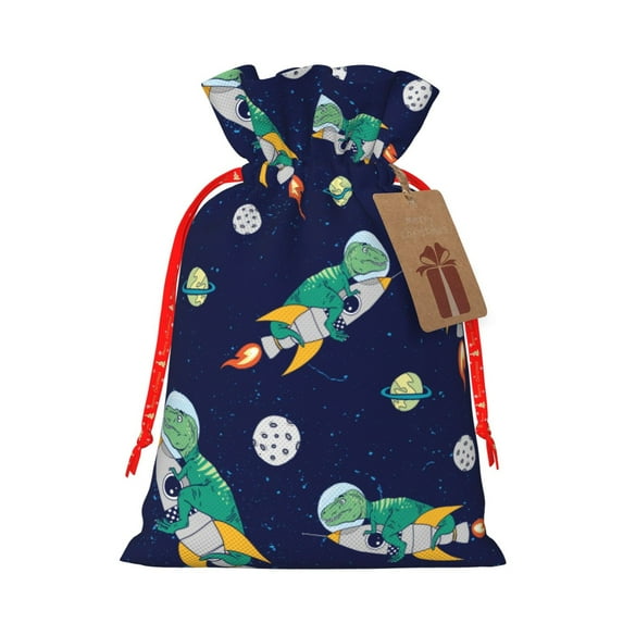 Fuzoiu Astronaut Dinosaur and Space Print Christmas Gift Bag,Burlap Gift Bag with Drawstring Closure & Hang Tag,Perfect for Holidays, Birthdays, and Special Occasions-Small