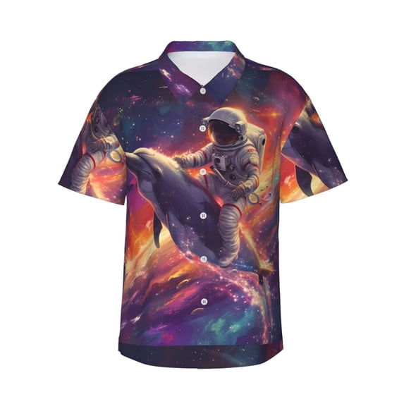 Fuzoiu Astronaut Dolphin Print Hawaiian Shirt for Men, Summer Beach Casual Short Sleeve Button Down Shirts, Men’s Beach Summer Shirts with Pocket,Small