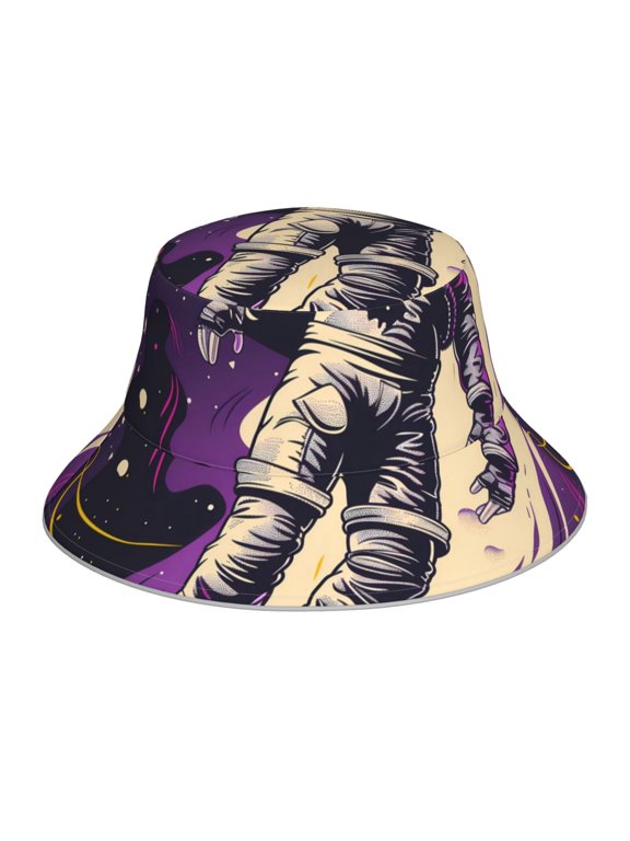 Astronaut Floating purple Space Print Reflective Bucket Hat,Outdoor Hat for Men and Women,Bucket Hat for Travel Fishing Hunting Summer Camp
