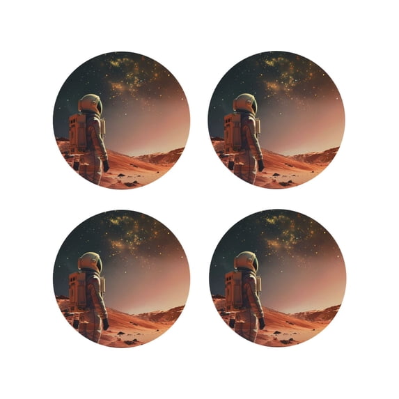 Fuzoiu Astronaut On Mars A Print Leather Coasters Set,Drink Coasters Set of 4,for Tabletop Protection, Durable PVC Coasters,Home Décor and Housewarming Gift-Round Shape