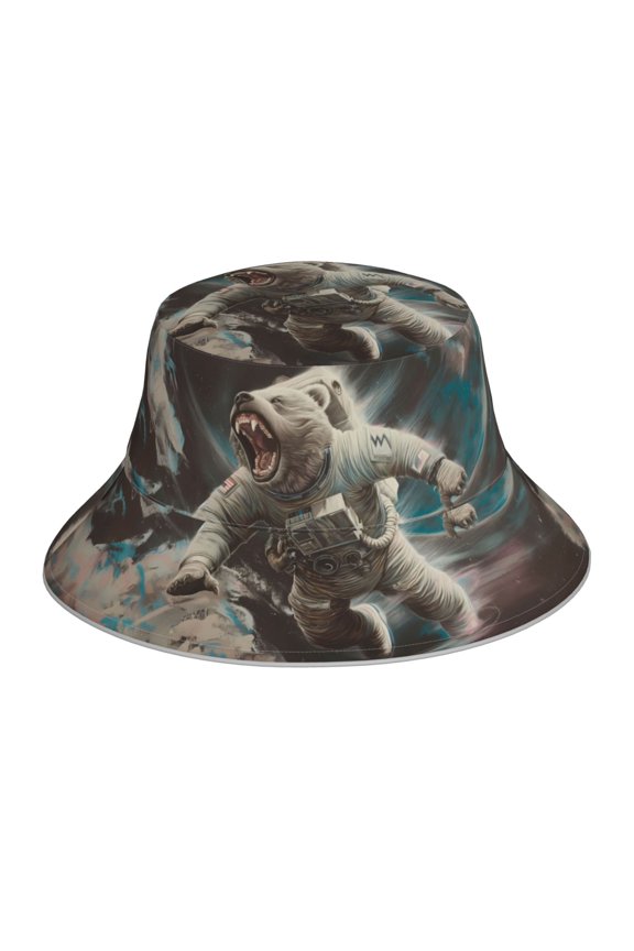 Astronaut Polar Bear Roar Print Reflective Bucket Hat,Outdoor Hat for Men and Women,Bucket Hat for Travel Fishing Hunting Summer Camp