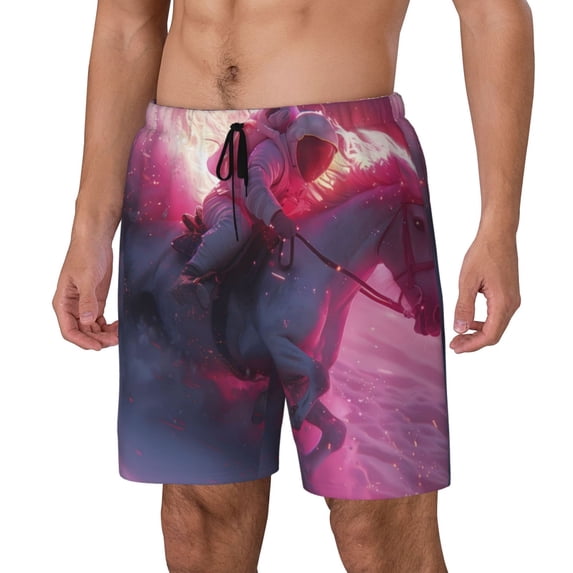 Fuzoiu Astronaut Riding Fiery Horse Print Men's Swim Shorts,Quick-Dry Double-Layer Swim Trunks,Board Trunks,Beach Shorts Swimwear Bathing Suits-Large