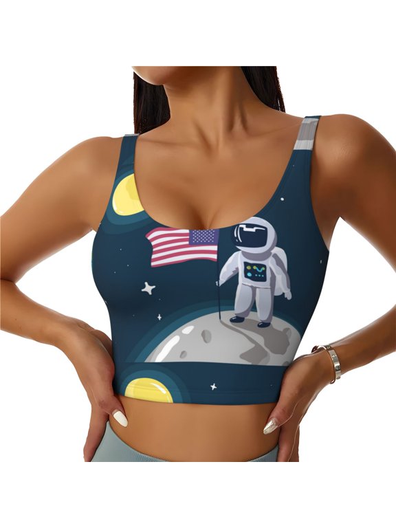 Astronaut With USA Flag Print Women's Sports Vest,U-Back Sports Tank,Gym Vests,Athletic Sleeveless Shirts,Exercise Undershirts,Yoga, Gym, and Dance Wear-Small
