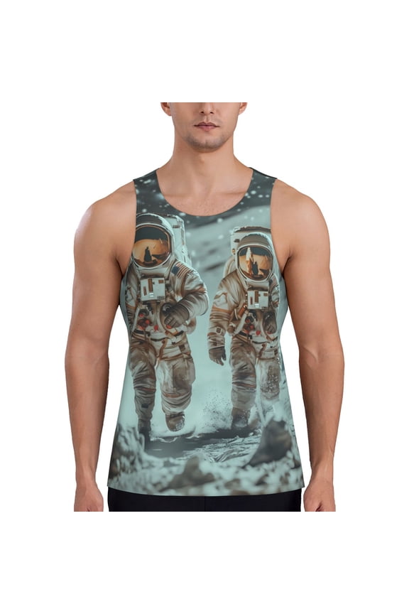Astronauts On Lunar Mission Print Men's Workout Tank Tops,Sleeveless Gym Shirt Quick Dry,Fitness Bodybuilding T-Shirt,Muscle Athletic Workout Tee-3X-Large