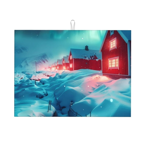 Fuzoiu Aurora Borealis Village Print Absorbent, Reversible Microfiber Dish Drying Mat for Kitchen, Dish Drying Pad for Dishes, Utensils, Pots and Pans, Extra Large 18 Inch x 24 Inch