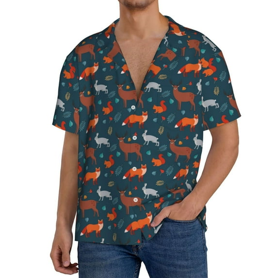 Fuzoiu Autumn Forest Animals Cute Print Men's Casual Short,Men's Short Sleeve Shirt,Mens Casual Button Down Shirts,Cuban Collar Summer Shirt for Beach, Vacation, and Outdoor Activities-Medium