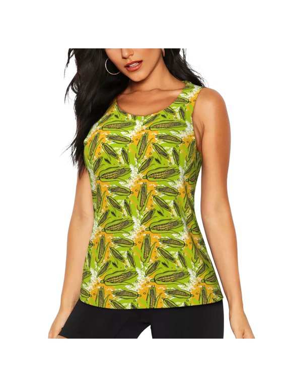 Autumn Harvest Cartoon Corn Print Women's Workout Tank Top,Athletic Racerback Sports Tank,Tops Sleeveless Running Loose Fit Yoga Tops,Active Shirts for Yoga, Running, and Gym-Medium