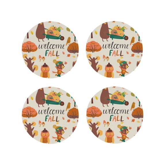Fuzoiu Autumn In The Forest Print Leather Coasters Set,Drink Coasters Set of 4,for Tabletop Protection, Durable PVC Coasters,Home Décor and Housewarming Gift-Round Shape