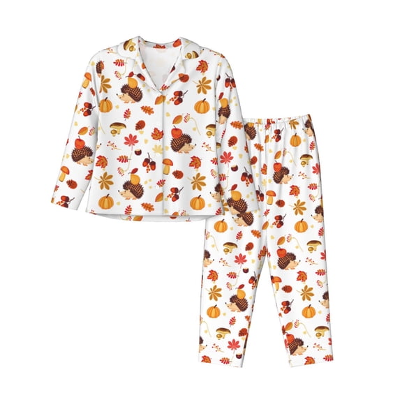 Fuzoiu Autumn Maple Leaf with Hedgehog Print Women's Long-Sleeved Pajama,Lounge Button Down Nightwear,Womens Notch Collar Pajama Set-Large