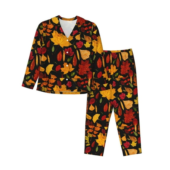 Fuzoiu Autumn Maple Leaves A Print Women's Long-Sleeved Pajama,Lounge Button Down Nightwear,Womens Notch Collar Pajama Set-Large