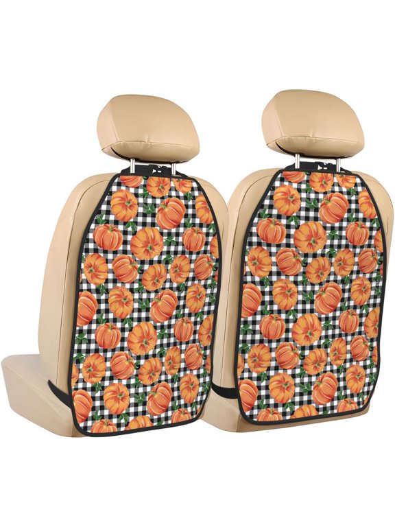 Autumn Pumpkins Gingham Print 2 Pack Kick Mat Back Seat Protector With 3 Storage Pockets, Universal Car Seat Back Organizer For Kids Pets, Waterproof Backseat Protector For Most Car