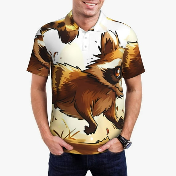 Fuzoiu Autumn Raccoon In Forest Print Men's Polo Shirts Short Sleeve,Golf Shirts for Men,Mens Golf Shirt Moisture Wicking Quick-Dry-Medium