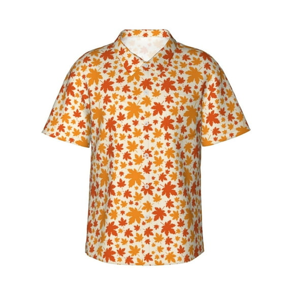 Fuzoiu Autumn Red and Orange Maple Leaves Print Hawaiian Shirt for Men, Summer Beach Casual Short Sleeve Button Down Shirts, Men’s Beach Summer Shirts with Pocket,X-Large