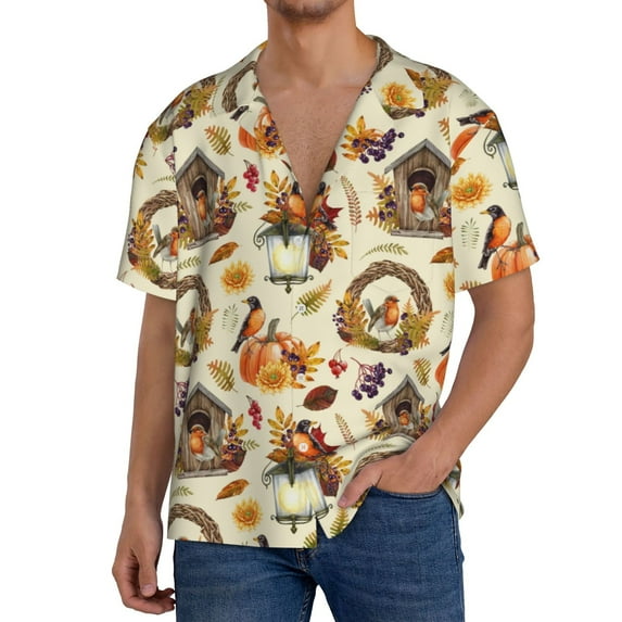 Fuzoiu Autumn Vintage Print Men's Casual Short,Men's Short Sleeve Shirt,Mens Casual Button Down Shirts,Cuban Collar Summer Shirt for Beach, Vacation, and Outdoor Activities-4X-Large