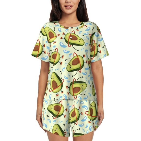 Fuzoiu Avocado Doing Sport Print Women's Short-Sleeved Pajama Set,Lounge Sleepwear Set,Womens Pajama Sets 2 Piece,Button-Up Top and Shorts with Pockets-X-Large