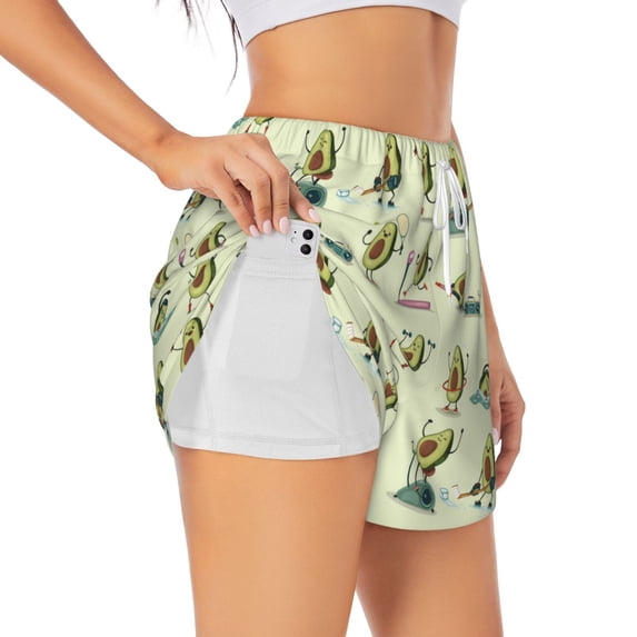 Fuzoiu Avocado for Exercise Print Women's Athletic Shorts, Double-Layer Running Shorts with Pocket,Women's Workout Shorts for Yoga, Gym, and Workouts-Large