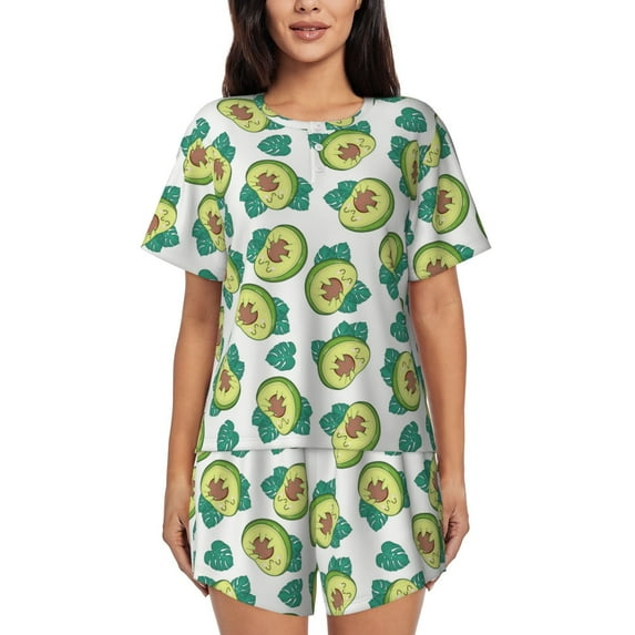 Fuzoiu Avocado Sleeping Print Women's Short-Sleeved Pajama Set,Lounge Sleepwear Set,Womens Pajama Sets 2 Piece,Button-Up Top and Shorts with Pockets-Medium