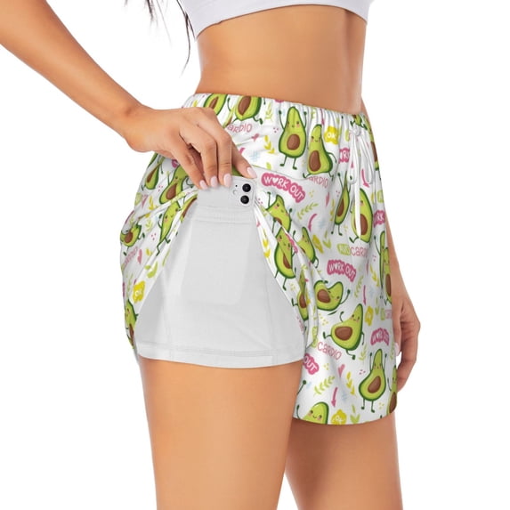 Fuzoiu Avocado Work Out Print Women's Athletic Shorts, Double-Layer Running Shorts with Pocket,Women's Workout Shorts for Yoga, Gym, and Workouts-Large