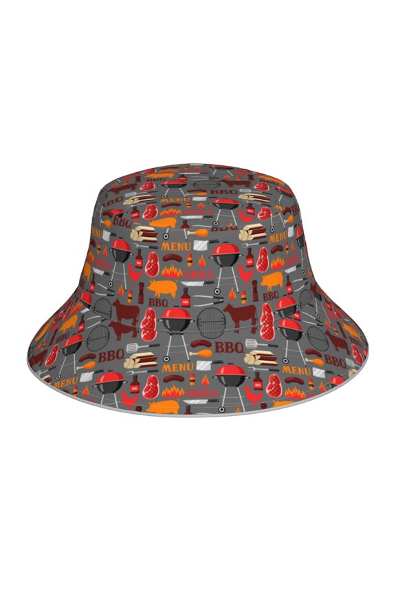 BBQ Icons Print Reflective Bucket Hat,Outdoor Hat for Men and Women,Bucket Hat for Travel Fishing Hunting Summer Camp