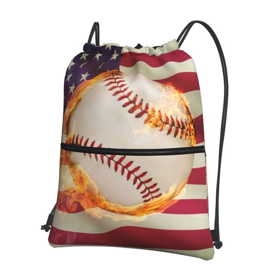 Fuzoiu Baseball Ball With Flag Print Drawstring Backpack Water Resistant String Bag Sports Sackpack Gym Sack for Men Women