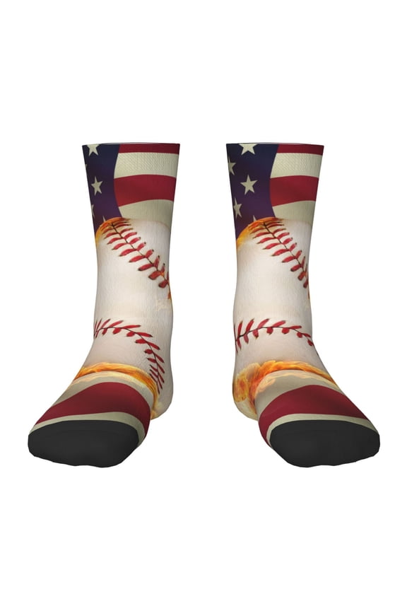Baseball Ball With Flag Print Kids Socks For Boys Girls,Grip Crew Socks with Non Slip,Lightweight Stretch Crew Socks,Toddlers Crew Boot Socks