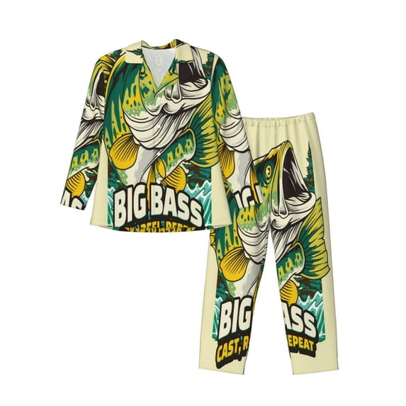 Fuzoiu Bass Fish and Water Print Men's Long-Sleeved Pajama,Lounge Button Down Nightwear,Mens Notch Collar Pajama Set-X-Large