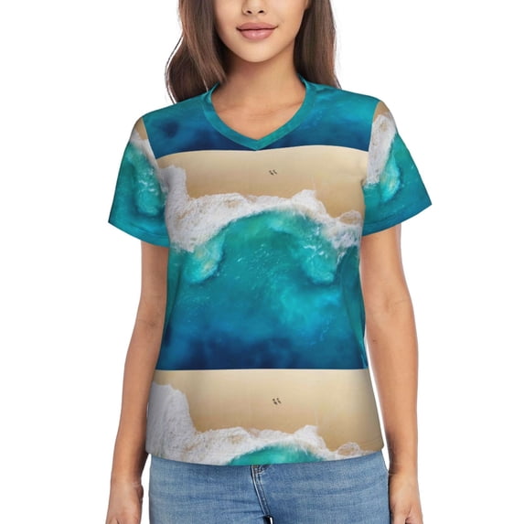 Fuzoiu Beach Print Women's Classic V-Neck T-Shirt, Short Sleeve V Neck Tees for Casual Everyday Wear,Casual Fit Tee,Summer Fashion Tops-3X-Large