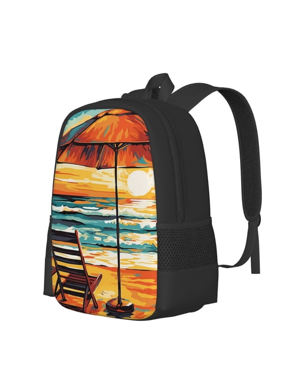 Beach Umbrella Sunset Print Large Capacity Backpack,Travel Backpack,Laptop Bag,College School Rucksack Bag,for School, Travel & Outdoor Activities