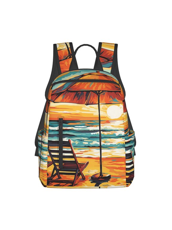 Beach Umbrella Sunset Print Lightweight Daypack,Weekender Bag for Men and Women, Travel Backpack with Padded Straps for School, Travel & Work