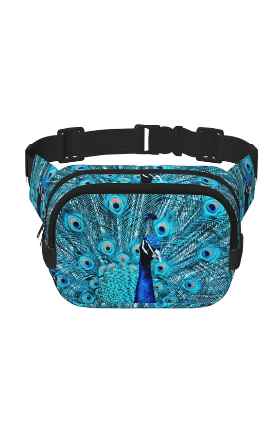 Beautiful Blue Peacock Print Unisex Square Double Layer Waist Bag,Crossbody Fanny Pack Travel Workout Accessory