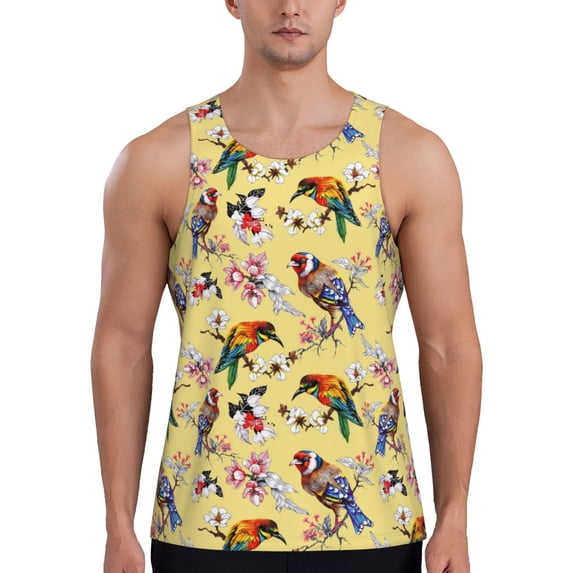 Fuzoiu Beautiful Bright Birds And Flowers Print Men's Workout Tank Tops,Sleeveless Gym Shirt Quick Dry,Fitness Bodybuilding T-Shirt,Muscle Athletic Workout Tee-Medium