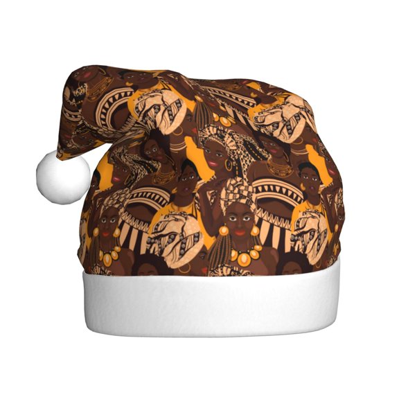 Fuzoiu Beautiful Ethnic African Women Print Santa Hat Christmas Hat for Adults,Santa Hats with Pompom, Unisex Xmas Holiday Hat for Christmas New Year Festive Party Supplies