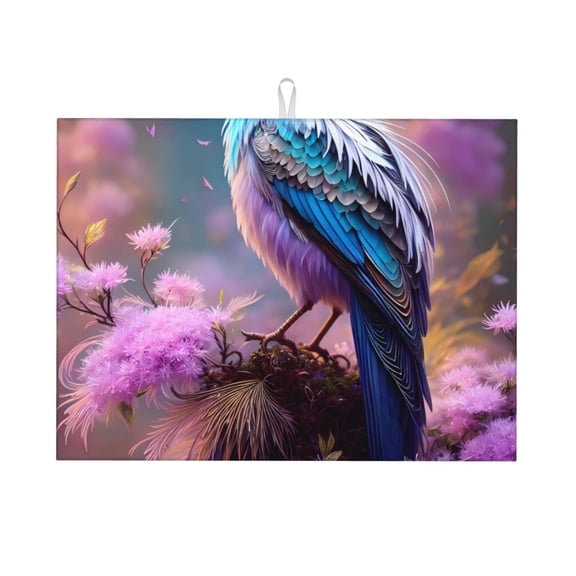 Fuzoiu Beautiful Flower Blue Bird Print Absorbent, Reversible Microfiber Dish Drying Mat for Kitchen, Dish Drying Pad for Dishes, Utensils, Pots and Pans, Extra Large 18 Inch x 24 Inch