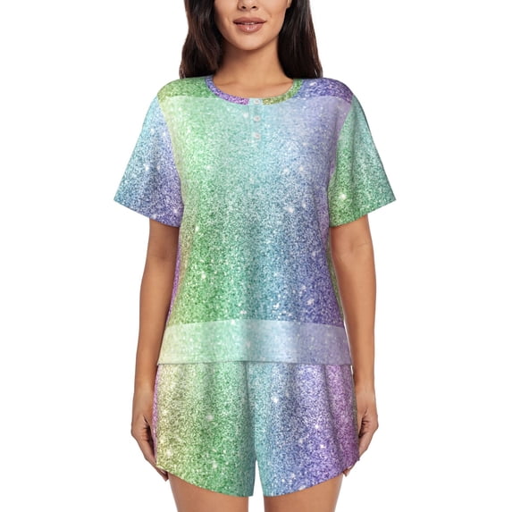 Fuzoiu Beautiful Glitter Print Women's Short-Sleeved Pajama Set,Lounge Sleepwear Set,Womens Pajama Sets 2 Piece,Button-Up Top and Shorts with Pockets-Medium