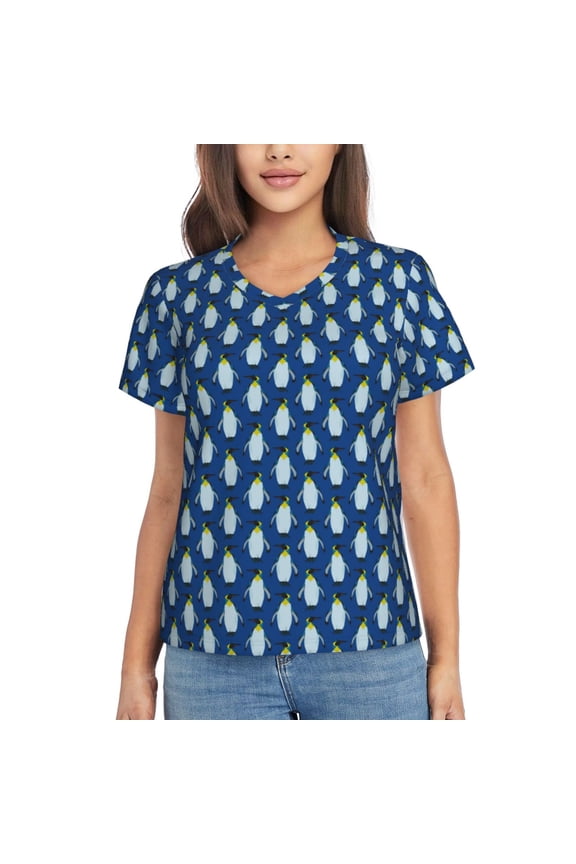 Beautiful King Penguin Pattern Print Women's Classic V-Neck T-Shirt, Short Sleeve V Neck Tees for Casual Everyday Wear,Casual Fit Tee,Summer Fashion Tops-Large