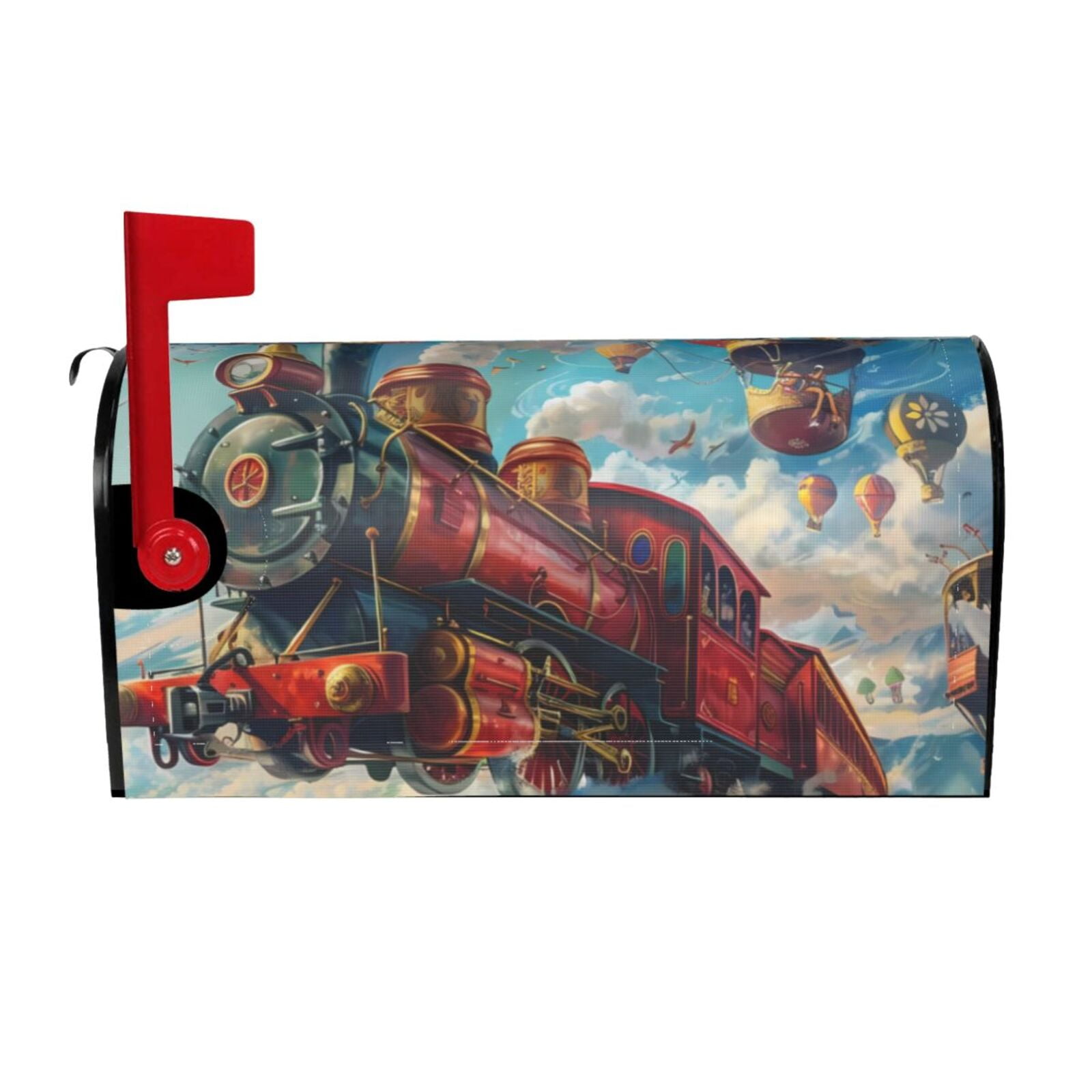 Fuzoiu Beautiful Red Train Hot Air Balloon Print Decorative Waterproof Mailbox Cover,Welcome Magnetic Mailbox Cover, Post Letter Box Wrap Cover for Outdoor Decor -21x18 in