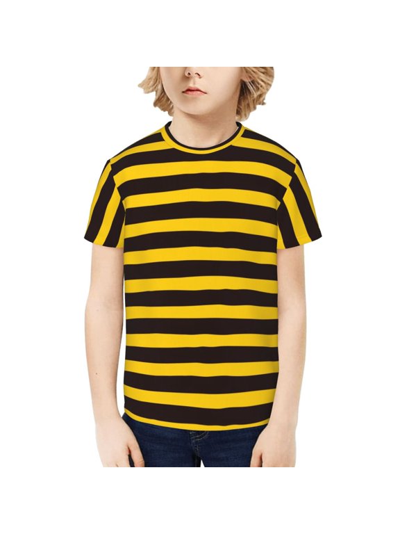 Bee Stripe Print Boys' Casual T-Shirt,Crewneck Undershirts,Boys Athletic Shirt,Short Sleeve T-Shirts for Outdoor Play