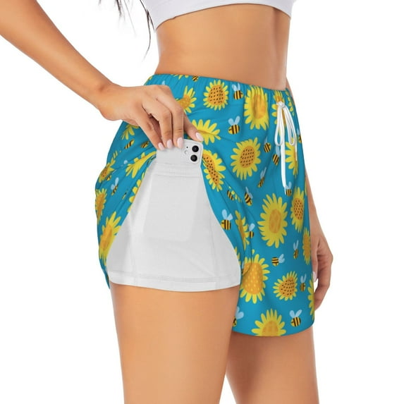 Fuzoiu Bee Sunflower Print Women's Athletic Shorts, Double-Layer Running Shorts with Pocket,Women's Workout Shorts for Yoga, Gym, and Workouts-Small