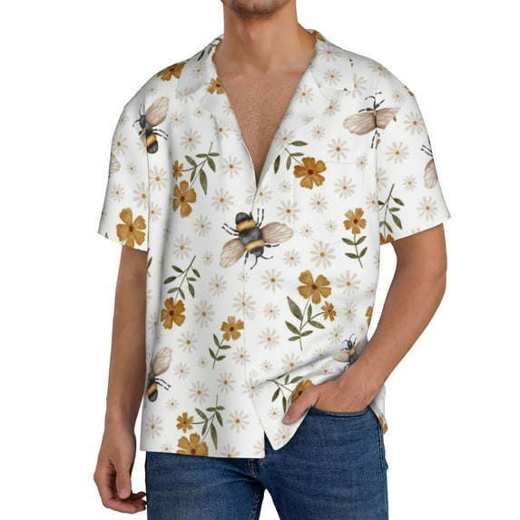 Fuzoiu Bees And Flowers Print Men's Casual Short,Men's Short Sleeve Shirt,Mens Casual Button Down Shirts,Cuban Collar Summer Shirt for Beach, Vacation, and Outdoor Activities-Small